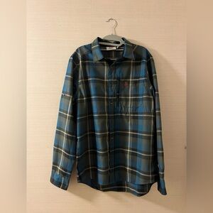Fjallraven Fjallglim Shirt Mens M Arctic Green Navy Flannel